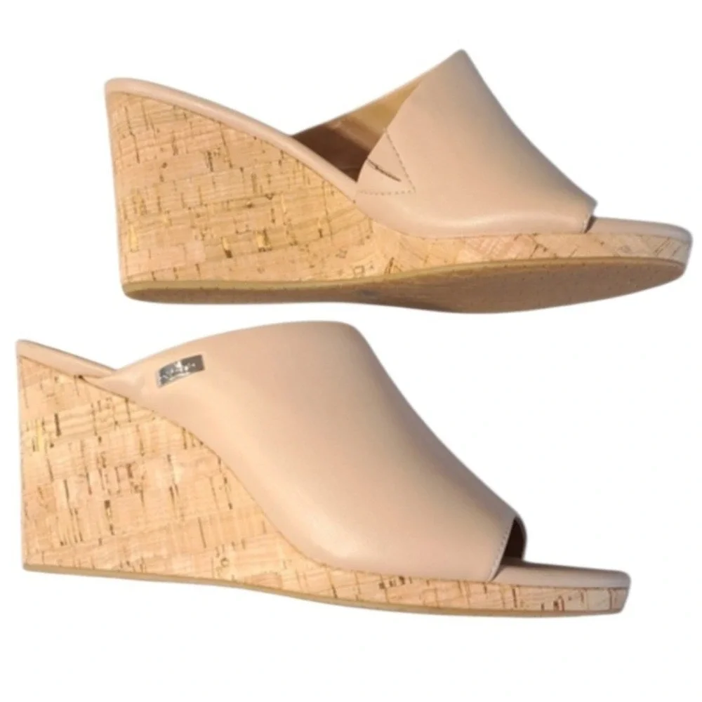 Calvin Klein Women's Size 8.5 Nude Wedge Slide Sandals Cork‎ Heel open Toe New